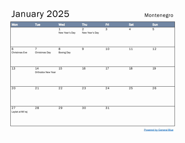 January 2025 Simple Monthly Calendar for Montenegro