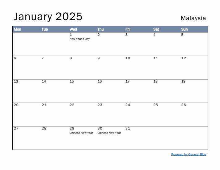 January 2025 Simple Monthly Calendar for Malaysia