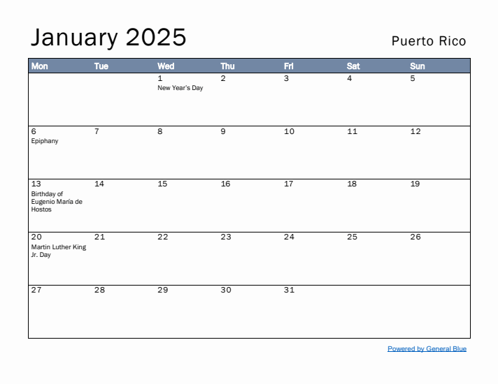 January 2025 Simple Monthly Calendar for Puerto Rico