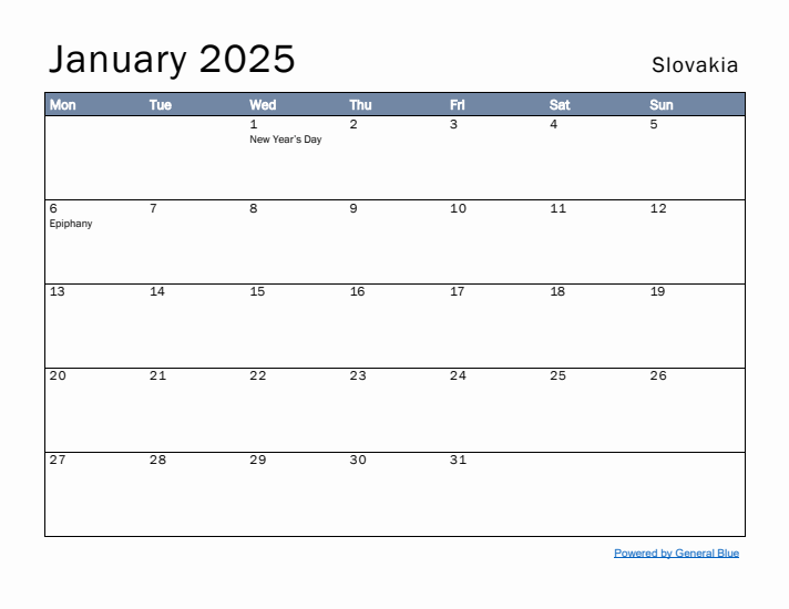 January 2025 Simple Monthly Calendar for Slovakia