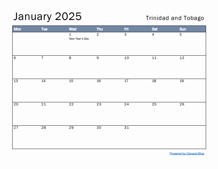 January 2025 Simple Monthly Calendar for Trinidad and Tobago