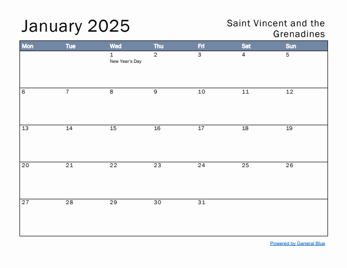 January 2025 Simple Monthly Calendar for Saint Vincent and the Grenadines