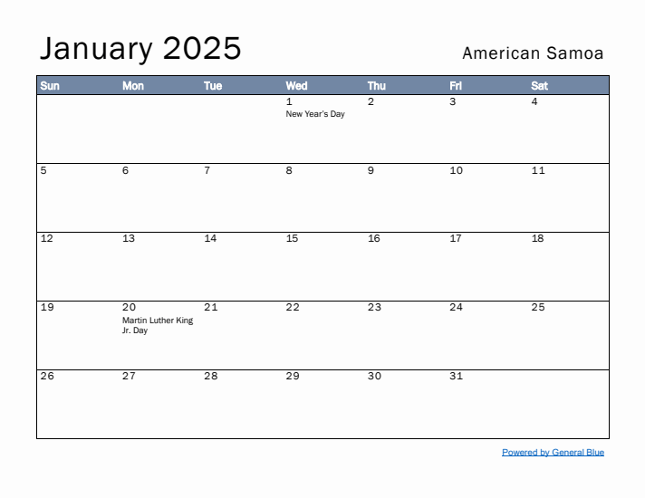 January 2025 Simple Monthly Calendar for American Samoa