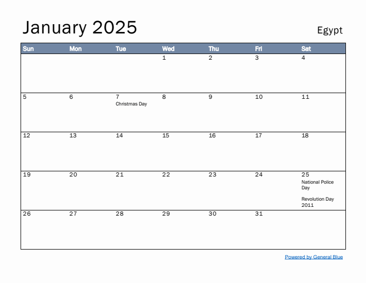 January 2025 Simple Monthly Calendar for Egypt