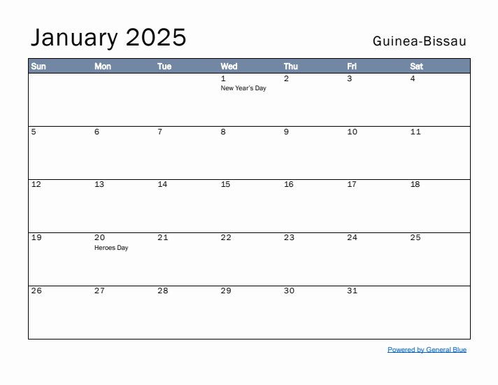 January 2025 Simple Monthly Calendar for Guinea-Bissau