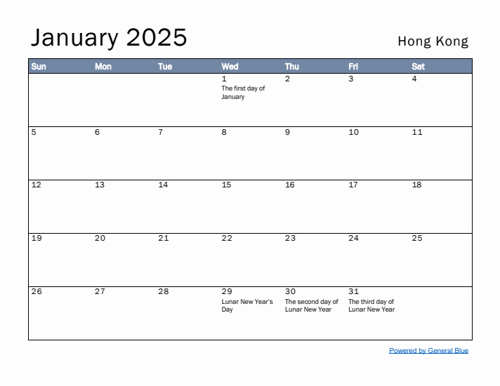 January 2025 Simple Monthly Calendar for Hong Kong