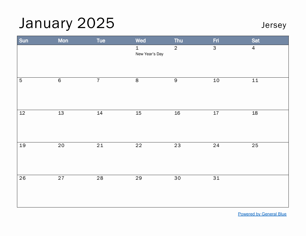 Free Monthly Calendar Template for January 2025 with Jersey Holidays
