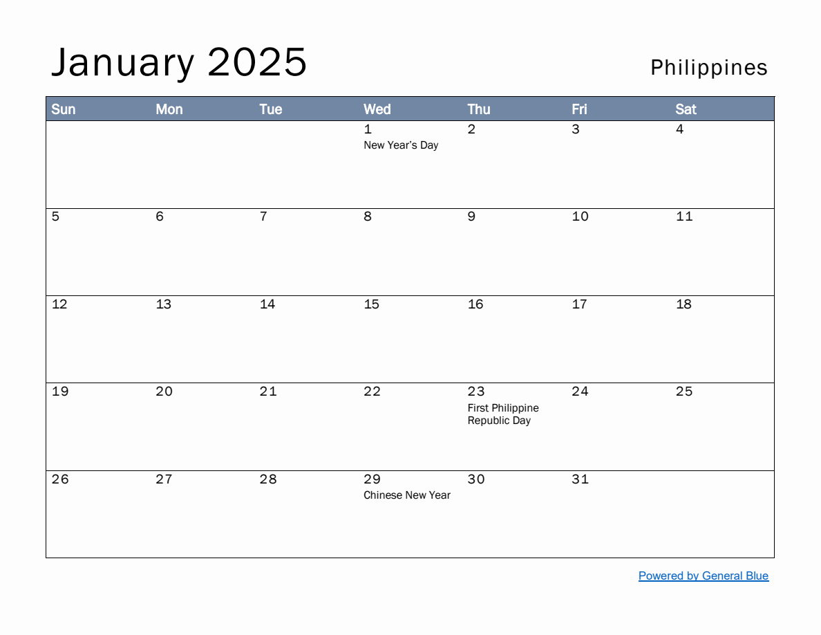 Free Monthly Calendar Template for January 2025 with Philippines Holidays
