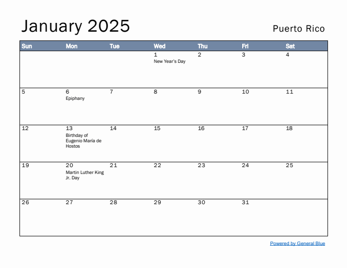 January 2025 Simple Monthly Calendar for Puerto Rico
