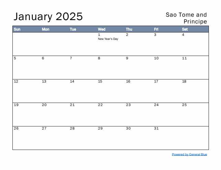 January 2025 Simple Monthly Calendar for Sao Tome and Principe