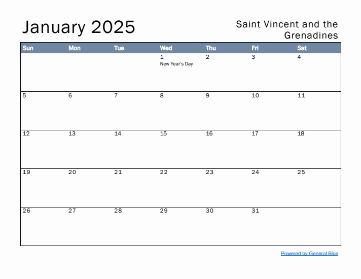 January 2025 Simple Monthly Calendar for Saint Vincent and the Grenadines