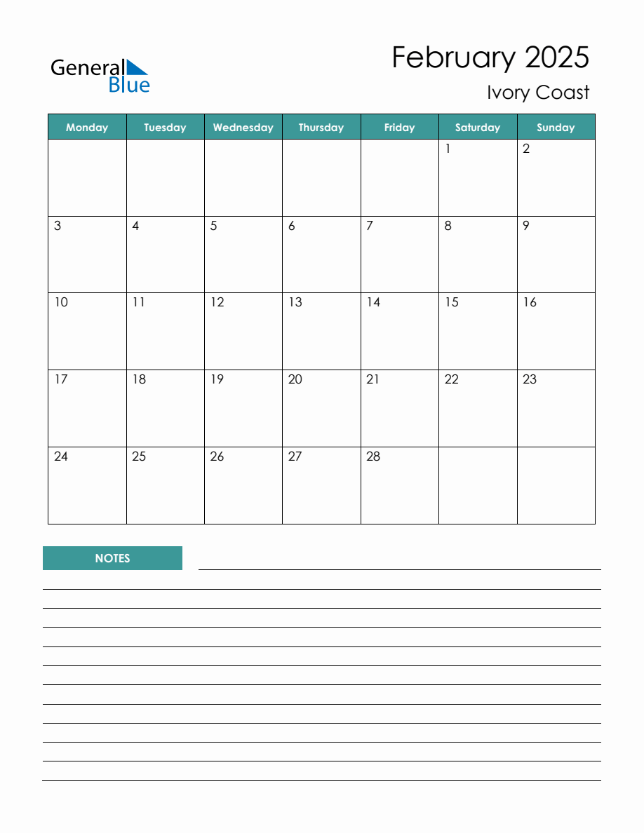 Monthly Planner with Ivory Coast Holidays - February 2025 (Monday Start)