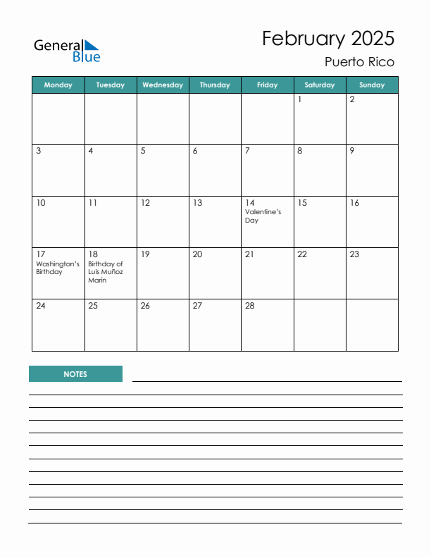 Calendar with Notes Printable - Monday Start
