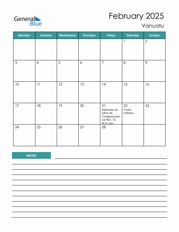 Calendar with Notes Printable - Monday Start