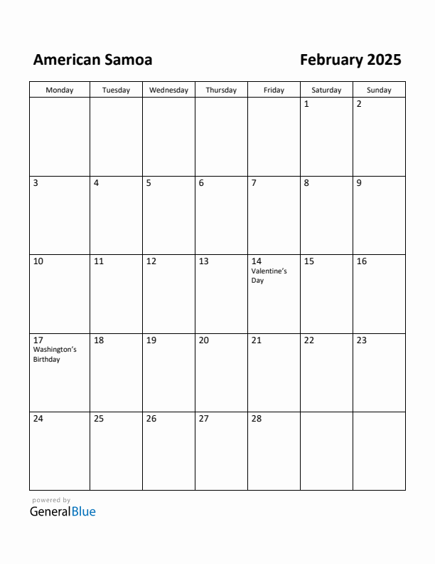 February 2025 Calendar with American Samoa Holidays