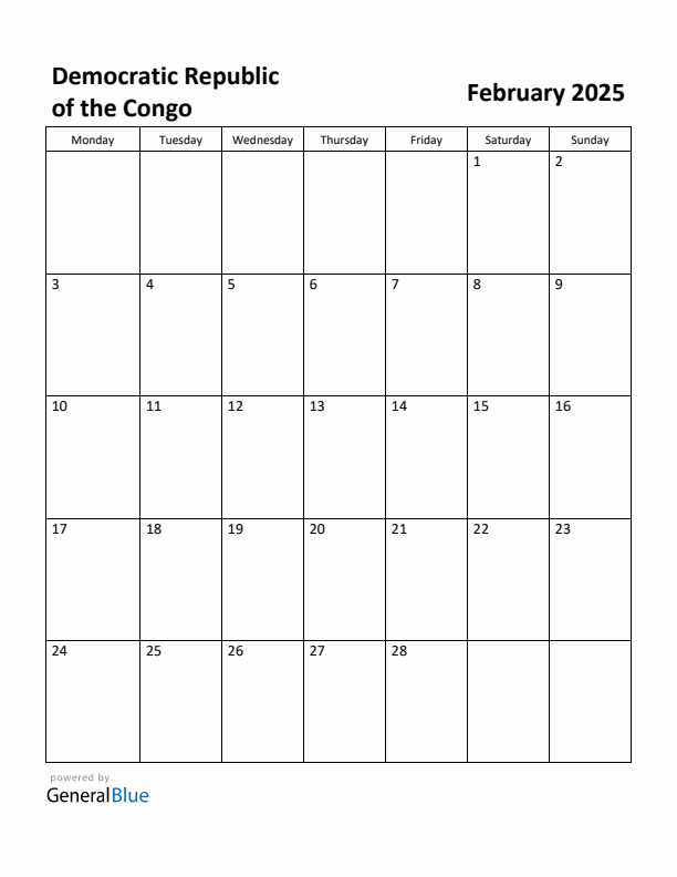 February 2025 Calendar with Democratic Republic of the Congo Holidays