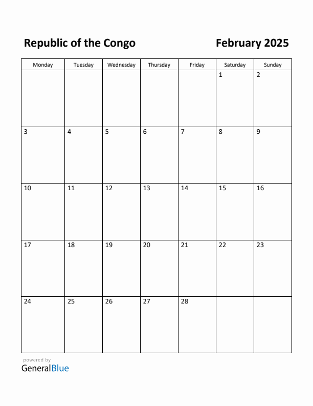 February 2025 Calendar with Republic of the Congo Holidays