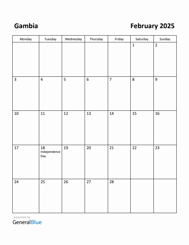 February 2025 Calendar with Gambia Holidays