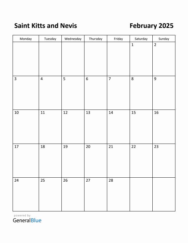 February 2025 Calendar with Saint Kitts and Nevis Holidays