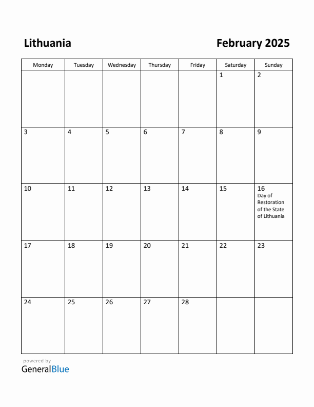 February 2025 Calendar with Lithuania Holidays
