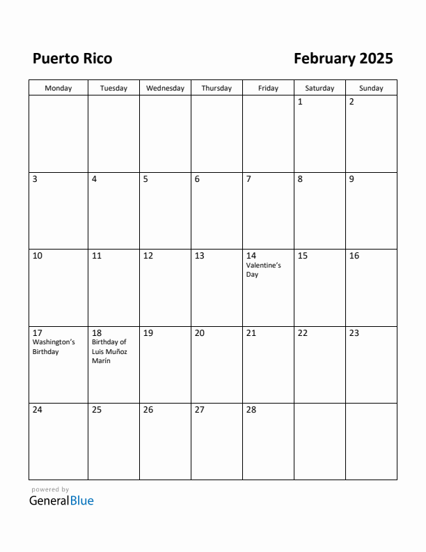 February 2025 Calendar with Puerto Rico Holidays