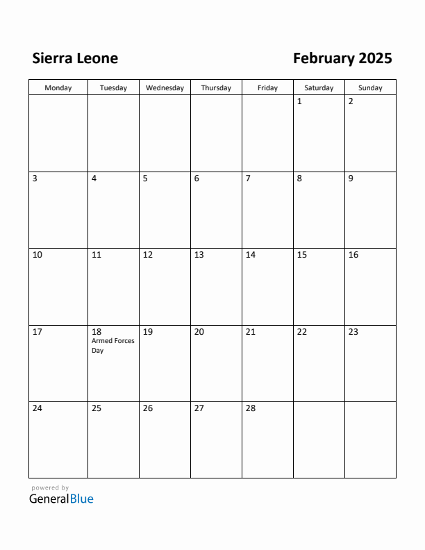 February 2025 Calendar with Sierra Leone Holidays