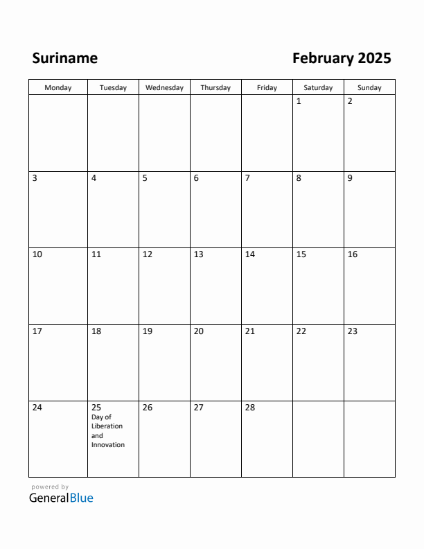 February 2025 Calendar with Suriname Holidays