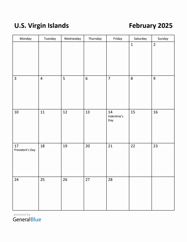 February 2025 Calendar with U.S. Virgin Islands Holidays