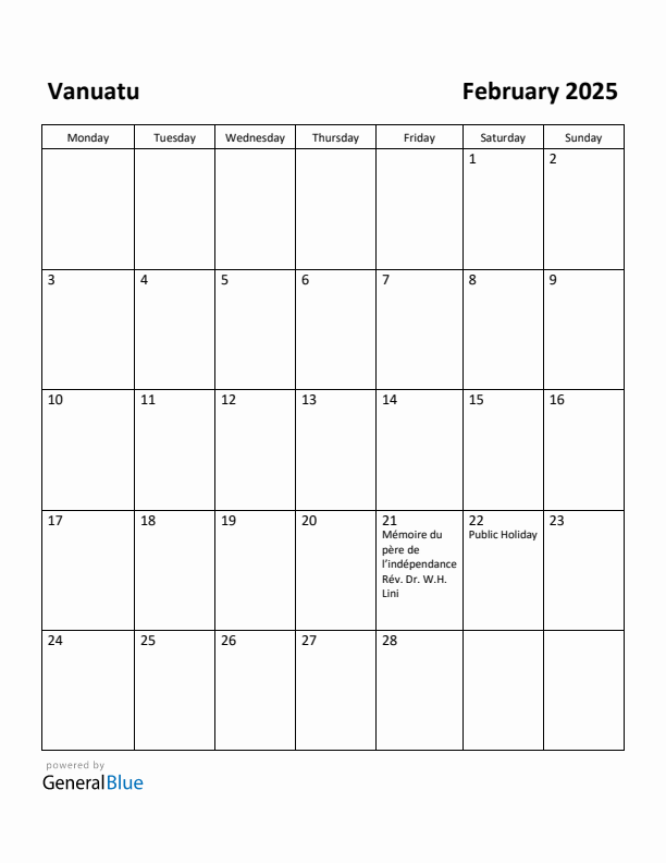 February 2025 Calendar with Vanuatu Holidays