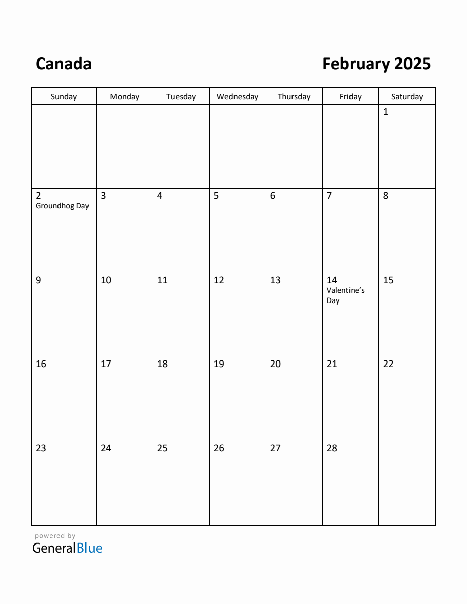 Free Printable February 2025 Calendar for Canada