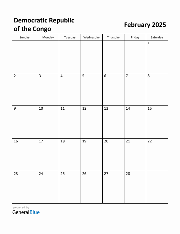 February 2025 Calendar with Democratic Republic of the Congo Holidays