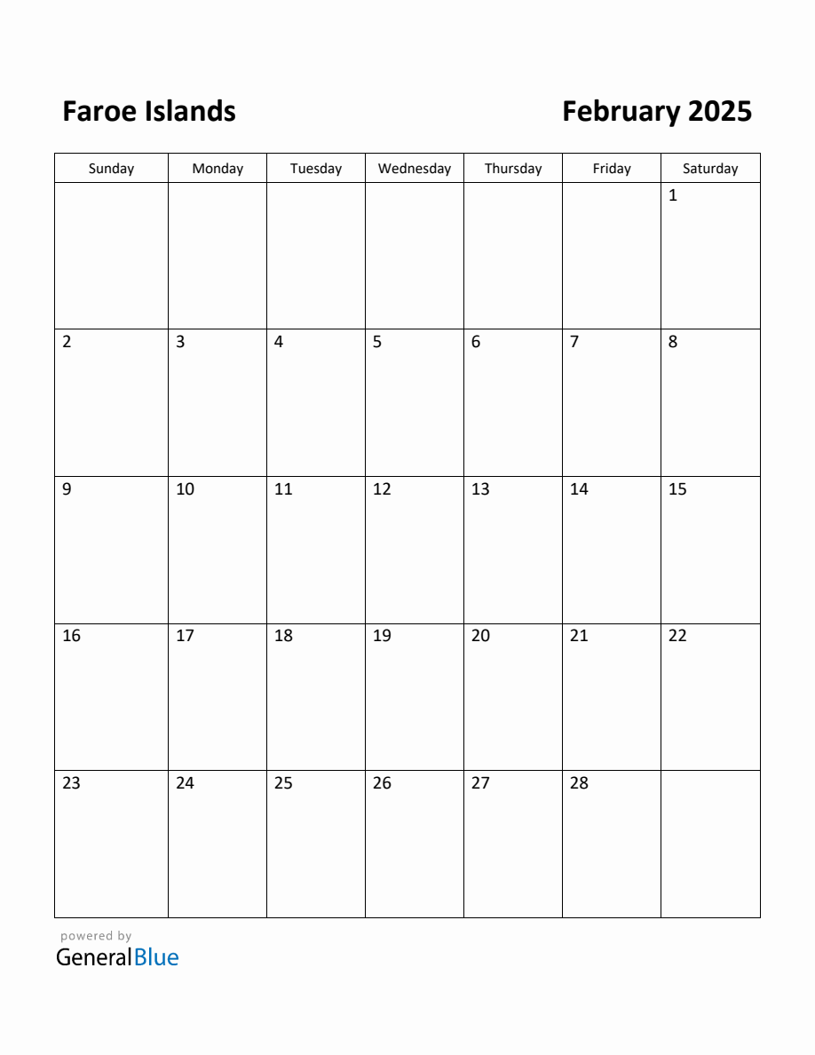 Free Printable February 2025 Calendar for Faroe Islands