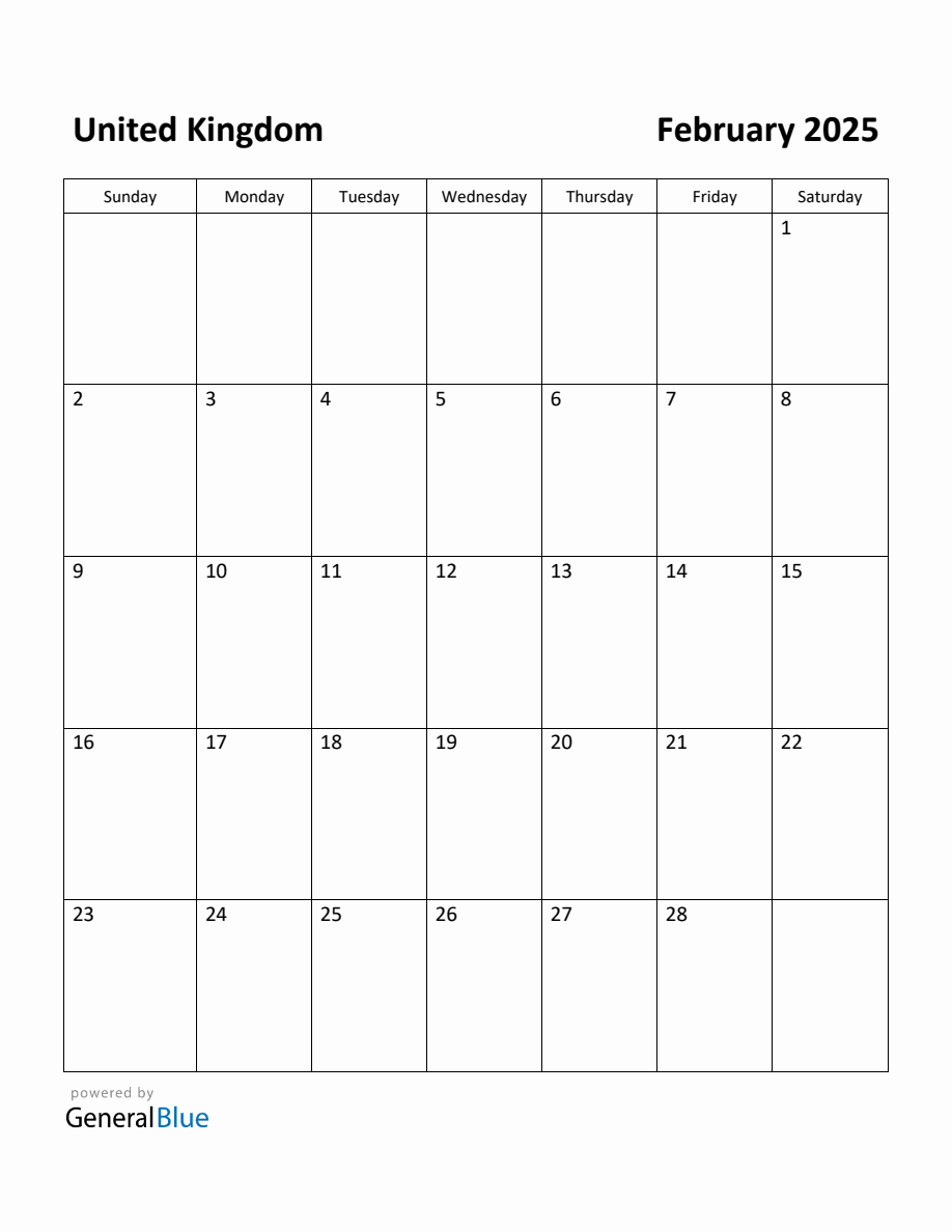 Free Printable February 2025 Calendar for United Kingdom