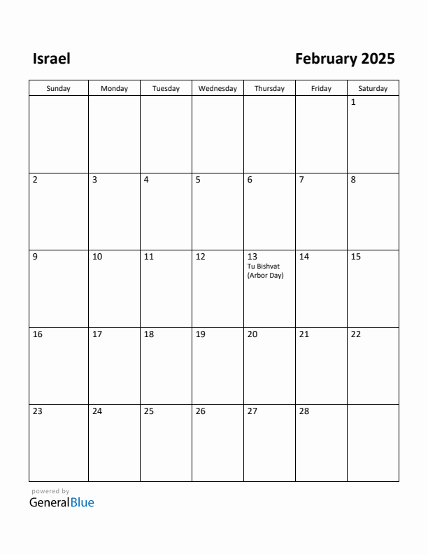 February 2025 Calendar with Israel Holidays