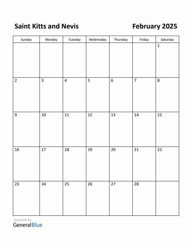February 2025 Calendar with Saint Kitts and Nevis Holidays