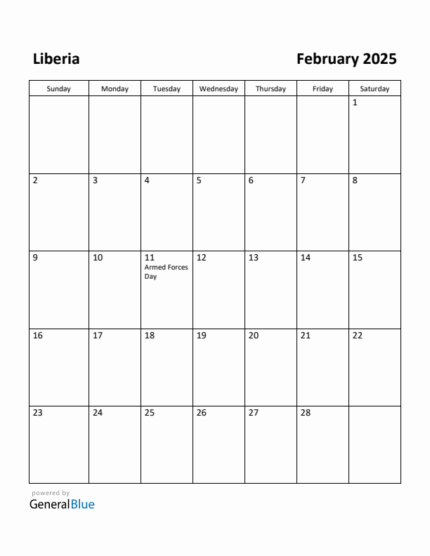 February 2025 Calendar with Liberia Holidays