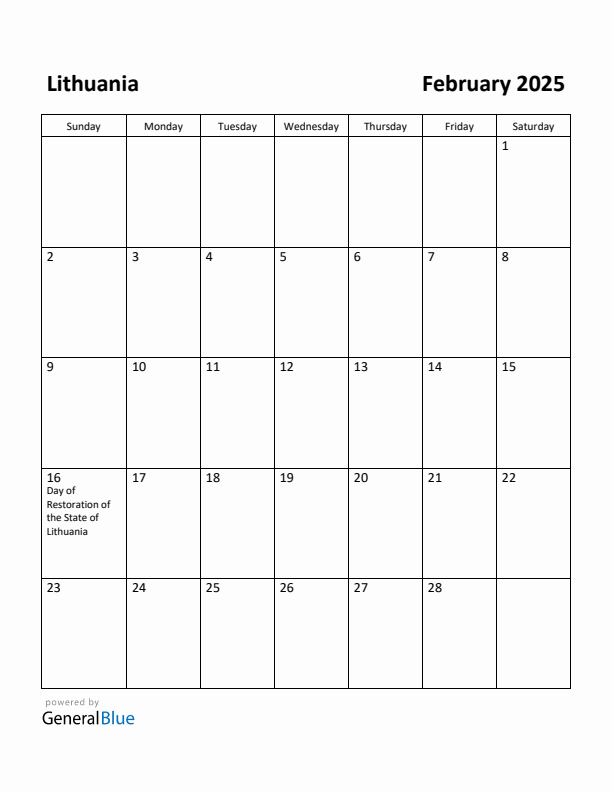 February 2025 Calendar with Lithuania Holidays