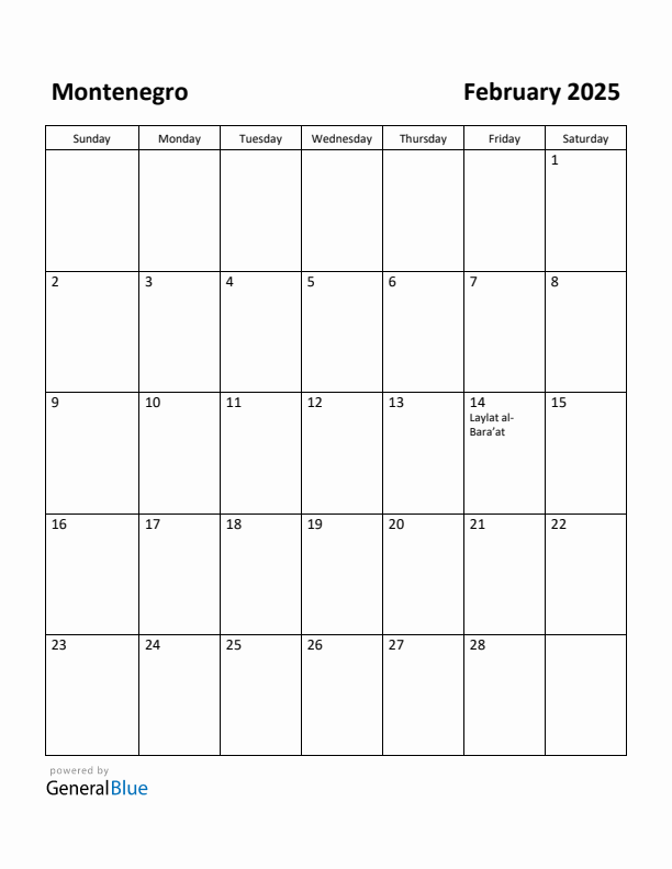 February 2025 Calendar with Montenegro Holidays