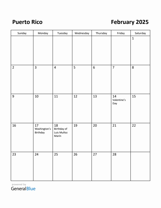 February 2025 Calendar with Puerto Rico Holidays