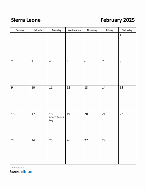 February 2025 Calendar with Sierra Leone Holidays