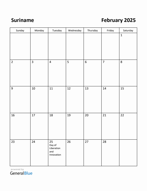 February 2025 Calendar with Suriname Holidays