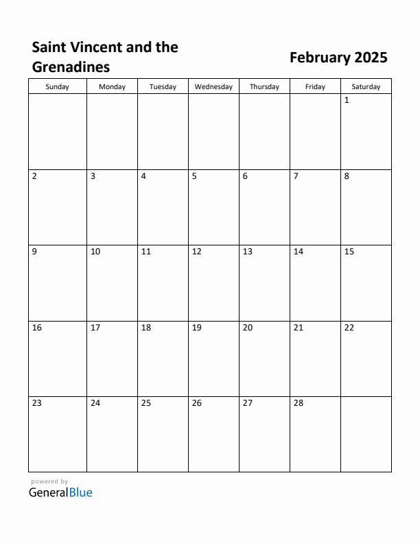 February 2025 Calendar with Saint Vincent and the Grenadines Holidays
