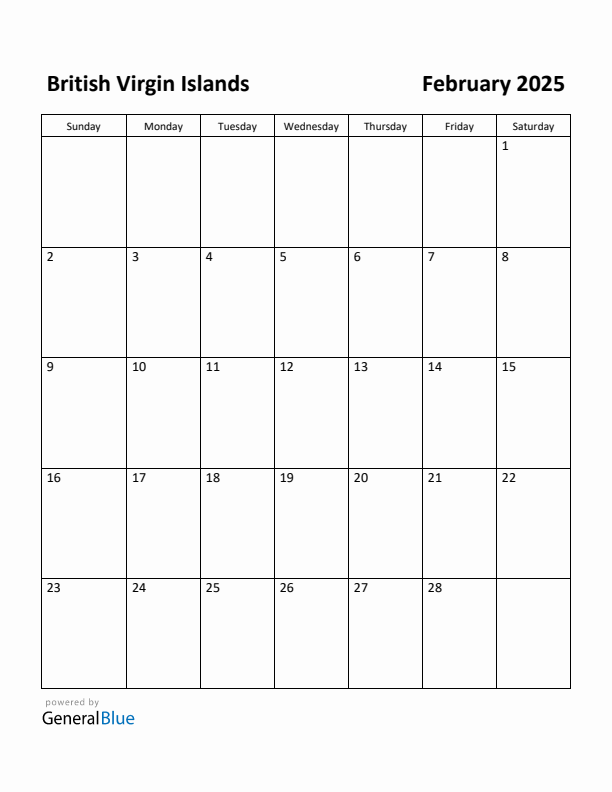 February 2025 Calendar with British Virgin Islands Holidays
