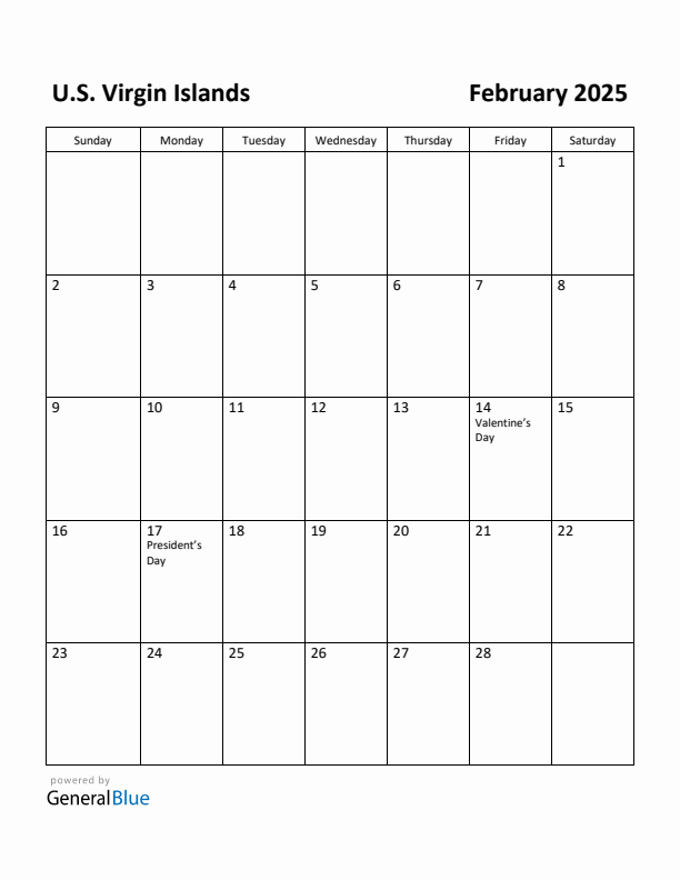 February 2025 Calendar with U.S. Virgin Islands Holidays