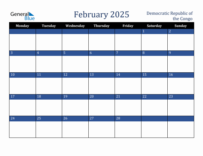 February 2025 Democratic Republic of the Congo Calendar (Monday Start)
