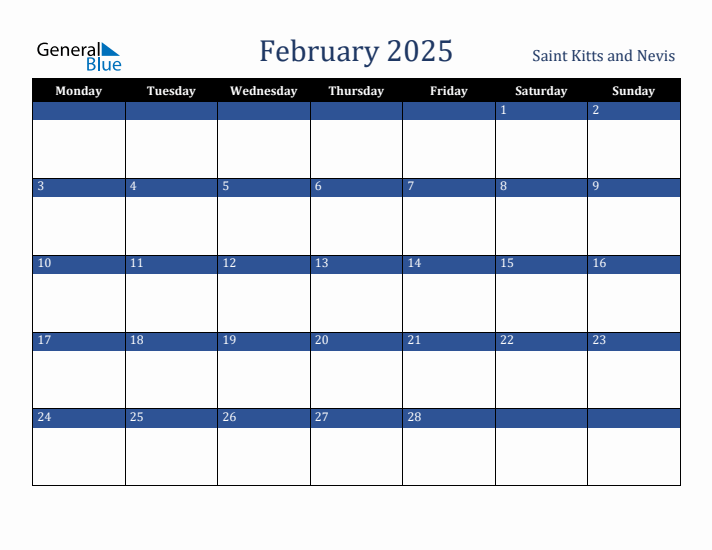 February 2025 Saint Kitts and Nevis Calendar (Monday Start)