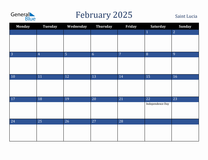February 2025 Saint Lucia Calendar (Monday Start)