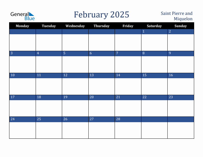 February 2025 Saint Pierre and Miquelon Calendar (Monday Start)