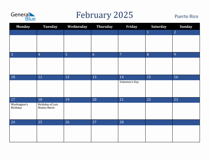 February 2025 Puerto Rico Calendar (Monday Start)