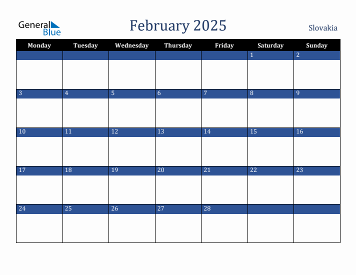 February 2025 Slovakia Calendar (Monday Start)